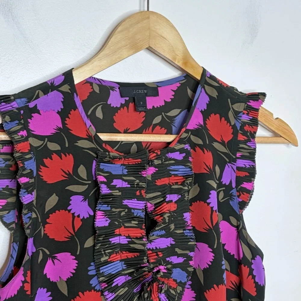 J Crew Silk Floral Sleeveless Top Womens 2 Artsy Colorful Career Work Ruffled